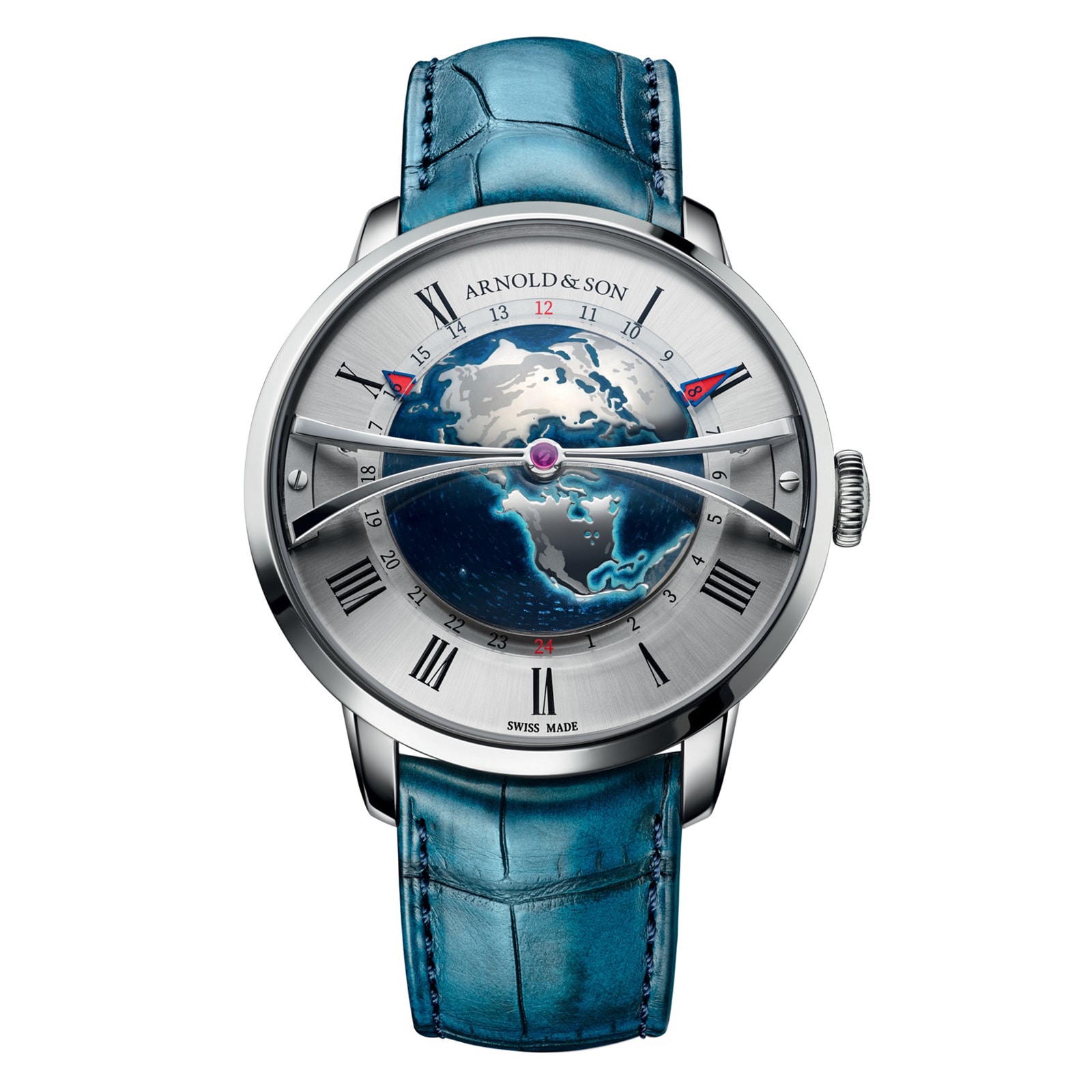 Arnold And Son Globetrotter 45mm Steel Opaline Mens Watch Blue Arnold And Son Globetrotter 45mm Steel Opaline Mens Watch Blue